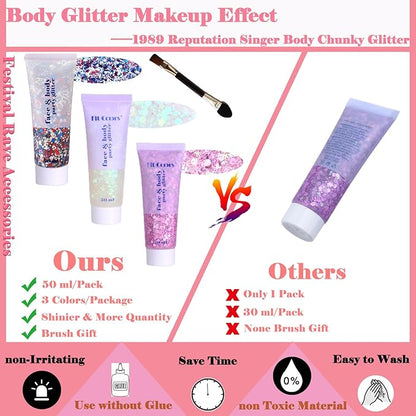 Body Glitter Face Glitter Gel: Singer Concerts Disco Festival Rave Accessories Face Glitter Makeup 150ml Chunky Sequins Mermaid Face Body Hair Glitter Gel (USA Pride&White&Pink)