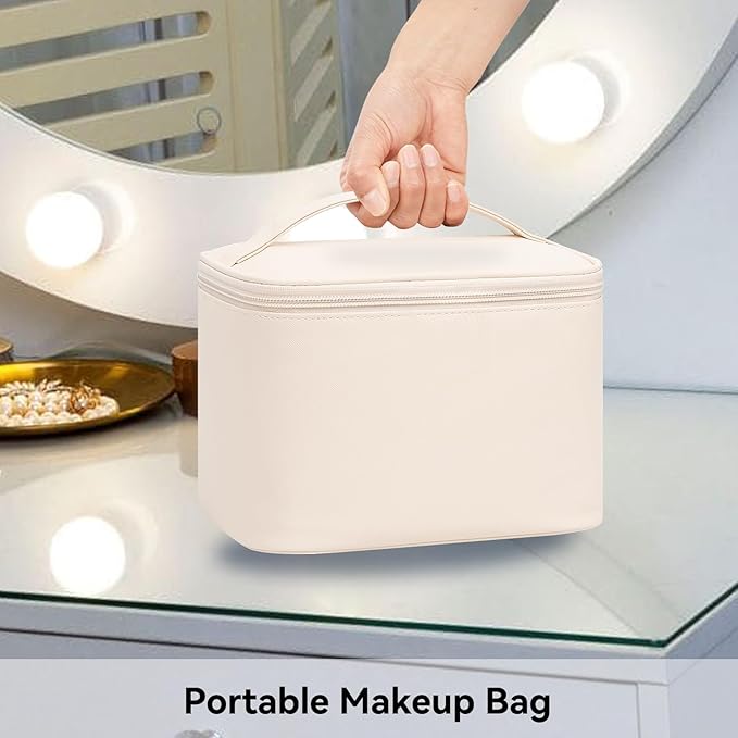 OCHEAL Makeup Bag, Large Capacity Make Up Bag for Cosmetics Vertical Storage,Toiletry Bag for Skincare Makeup Organizer Bag for Travel,With Makeup Brushes Compartments & Dividers -Beige