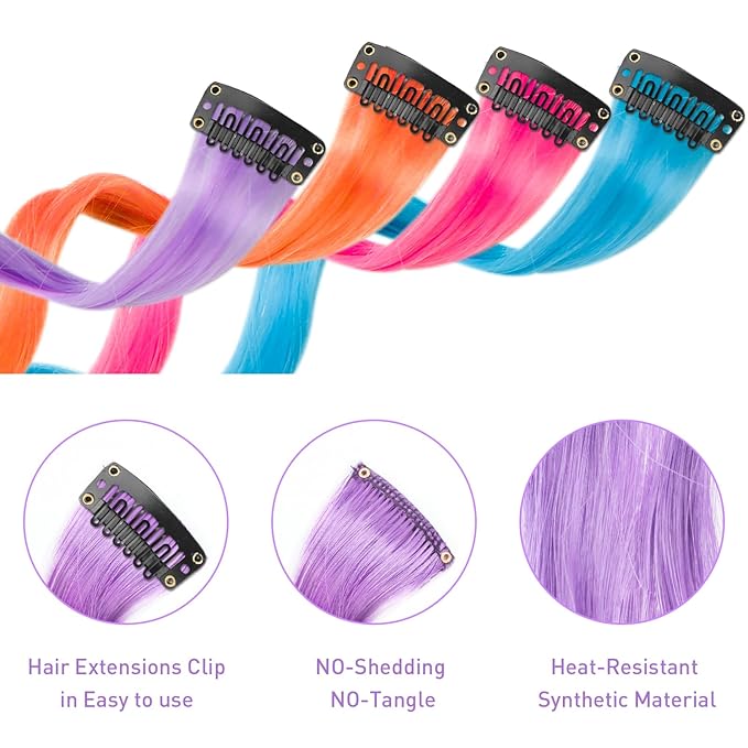 12 PCS Colored Hair Extensions for Kids, Curly Wavy Synthetic Hairpieces Clip in Rainbow Neon Party Highlights, Colorful Hair Accessories for Girls Women 17 Inch (Multi-color Set)
