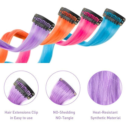 12 PCS Colored Hair Extensions for Kids, Curly Wavy Synthetic Hairpieces Clip in Rainbow Neon Party Highlights, Colorful Hair Accessories for Girls Women 17 Inch (Multi-color Set)
