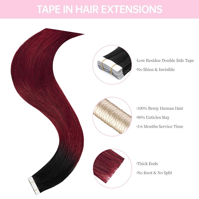 Ombre Tape in Hair Extensions Human Hair,12inch 20 Pcs #T1B/99J Ombre Black to Burgundy Human Hair Extensions,Straight Silky 40g Seamless Invisible Remy Tape ins for Women Girls