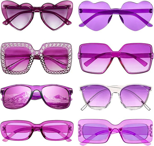 Pibupibu 8 Pack Pink Sunglasses for Women Collection Trendy Cute Costume Accessories Eyewear Set (Transparent/Solid/Mix)