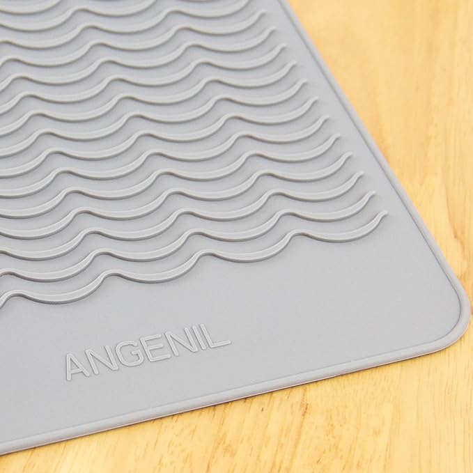 ANGENIL Flat Iron Curling Iron Large Anti-Scald Heat Resistant Silicone Mat Pad, for Dual Voltage Travel Hair Styling Tools, Titanium Ceramic Hair Straightener and Curler 2-in-1, Grey, 11.02" x 7.9"