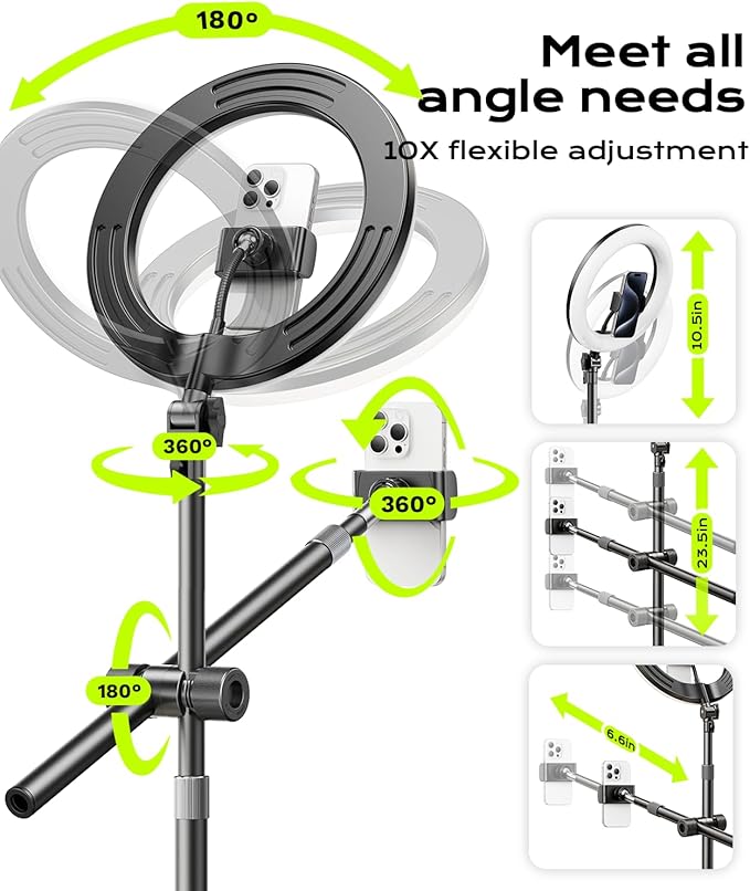 Overhead Phone Mount,Overhead Camera Mount Stand[Anti-Shaking] with 10.5" Ring Light,Desk Stand for iPhone with Ring Light for Video Recording,Zoom Meeting,YouTube,TikTok