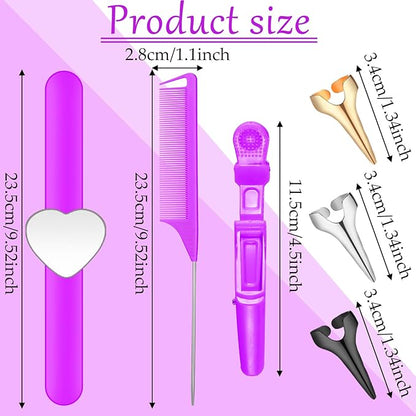 22 Pieces Magnetic Wrist Sewing Pincushion with Braiding Tools, Stainless Steel Pintail Rat Tail Comb, Wide Teeth Alligator Sectioning Clip, and Hair Parting Ring for Hair (Purple)