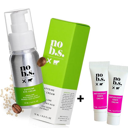 No B.S. (No Bad Stuff) Caffeine Eye Cream anti aging bundle with Two CoQ10 Deluxe Minis. Under Eye Cream for Dark Circles and Puffiness. Includes CoQ10 for Wrinkles.