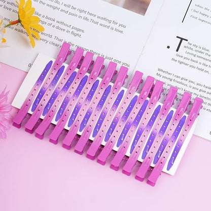 24 Packs Duck Bill Clips, Bantoye 3.35 Inches Rustproof Metal Alligator Curl Clips with Holes for Hair Styling, Hair Coloring, Gradient Rose Red