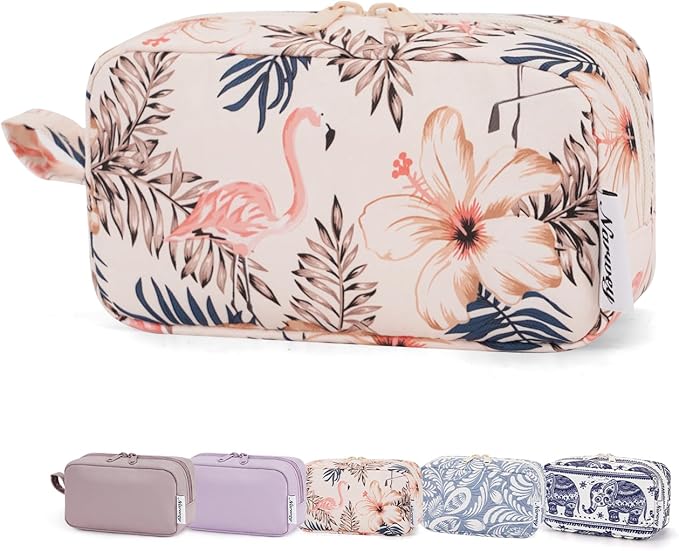 Narwey Small Makeup Bag for Purse Travel Makeup Pouch Mini Cosmetic Bag Zipper Pouch for Women (Beige Flamingo, Small)