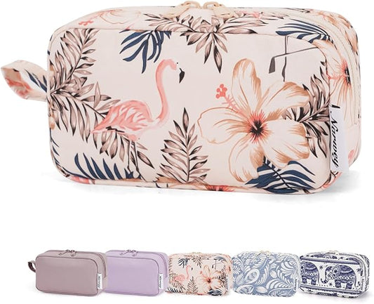 Narwey Small Makeup Bag for Purse Travel Makeup Pouch Mini Cosmetic Bag Zipper Pouch for Women (Beige Flamingo, Small)