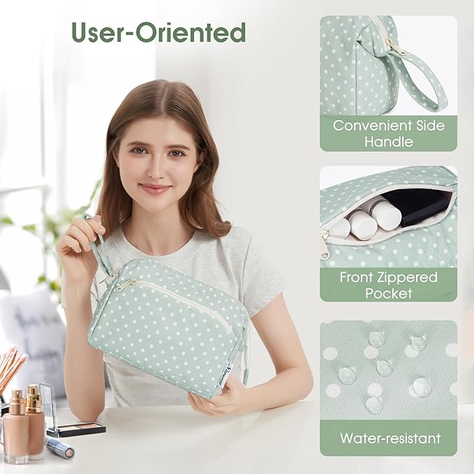 Narwey Large Women Makeup Bag Wide-open Make up Bag Travel Cosmetic Organizer Toiletry Bag for Cosmetics Toiletries Accessories (Mint Green Polka Dot)
