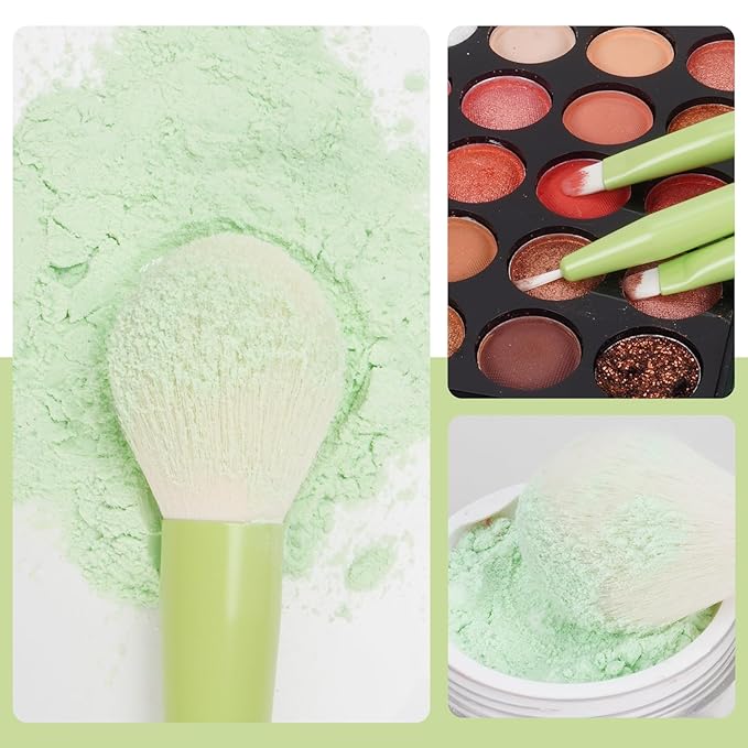 18pcs Colorful Makeup Brush Set with Make up Bag and Sponge Applicators for Liquid Foundation - Professional Cosmetics Tools Blush Blending Blender Brushes Gift Pack (Green)