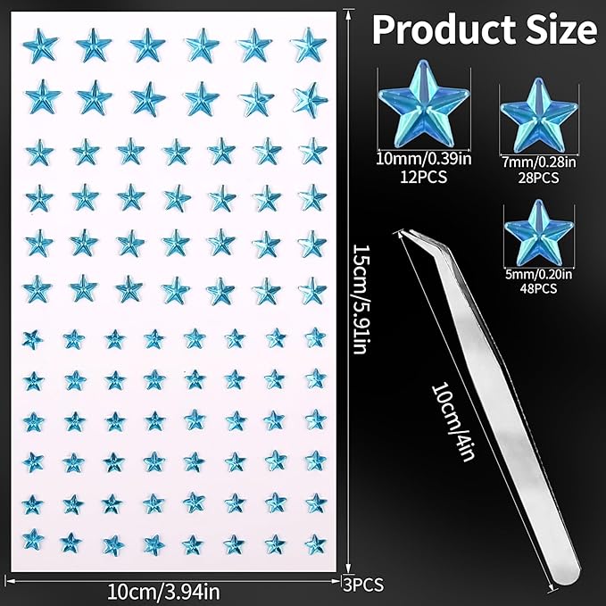 264Pcs Star Face Gems Eye Gems, Self-Adhesive Face Jewels Rhinestones 5/7/10 mm DIY Face Gems Stick on, Patriotic Makeup Gems Rave Accessories for Face Eyes Hair Makeup Body, Crafts (Blue-Star)