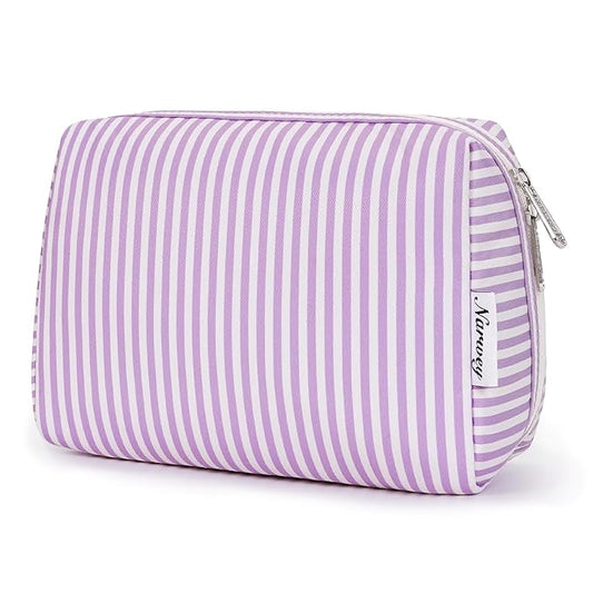 Narwey Striped Makeup Bag Travel Cosmetic Bag Organizer Toiletry Bag Make Up Bags with Compartments for Women Girls (Large, Purple Stripe)