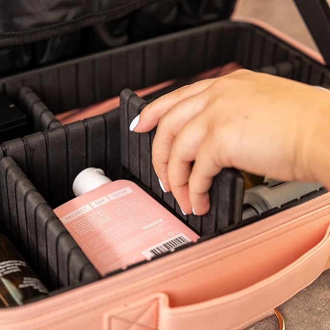 (Not Made In China) Makeup Train Case, Cosmetic Organizer Bag, Travel Make Up Storage With Adjustable Dividers For Cosmetics, Jewelry, Fragrance, Nail Polish and Brushes (1, Pink, Large)