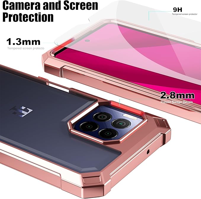 Ailiber for T-Mobile REVVL 7 Pro Case with Screen Protector, Dual Layer Shockproof Bumper, Clear Transparent [Anti Yellowing], Slim Scratch-Resistant Cover for Metro REVVL 7 Pro 5G-Rose Gold
