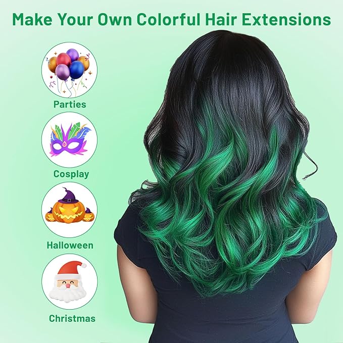 16 Pcs Colored Hair Extensions Curly Wavy Clip in Synthetic Hairpiece Streak for Girls Women Kids, Multi-colors St. Patrick's Day Party Highlights Cosplay Festival Gift(Green)