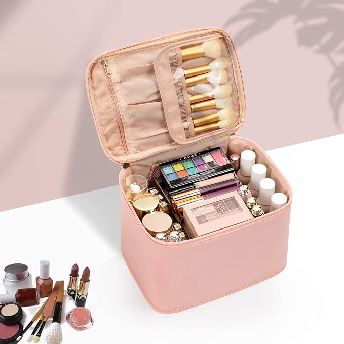 OCHEAL Makeup Bag, Portable Cosmetic Bag, Large Capacity Travel Case Organizer, Black Makeup Bags For Women Toiletry Bag for Girls Traveling With Handle and Divider-Pink