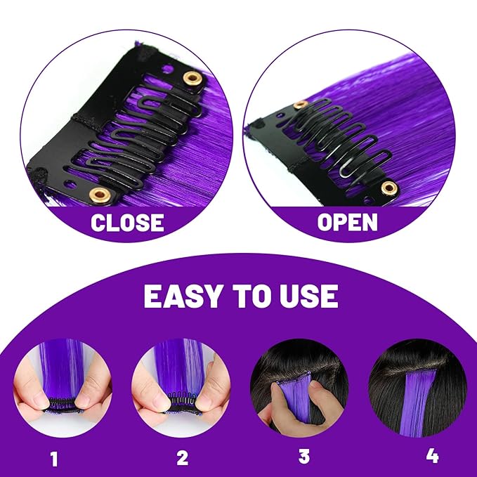 22 inch Colored Hair Extensions Straight Hairpiece, Multi-colors Party Highlights Clip in Synthetic Hair Extensions for Women Kids Girls Favor Cosplay Gift (10pcs Purple)