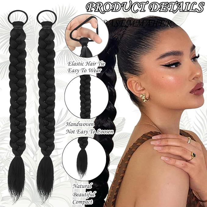 2Pcs Braided Ponytail Extensions with Hair Ties Soft Synthetic Hair Pieces Straight Wrap Around Hair Extensions Pony Tail Hairpieces Accessories for Women Daily Wear 16 Inch (Natural Black)