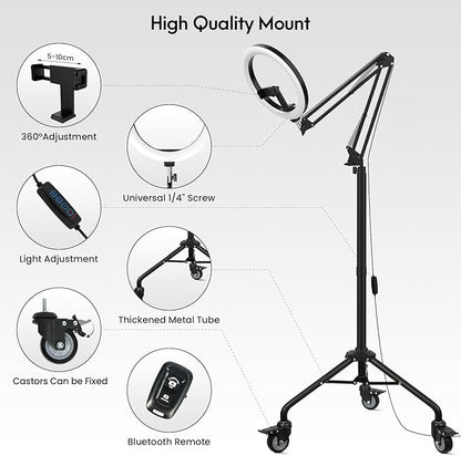 LUXSURE Ring Light Tripod for iPhone, Overhead Phone/Camera Mount with Casters,LED Ring Light with Stand and Phone Holder,Phone Tripod with Light for Video Recording/Live Streaming/Cooking