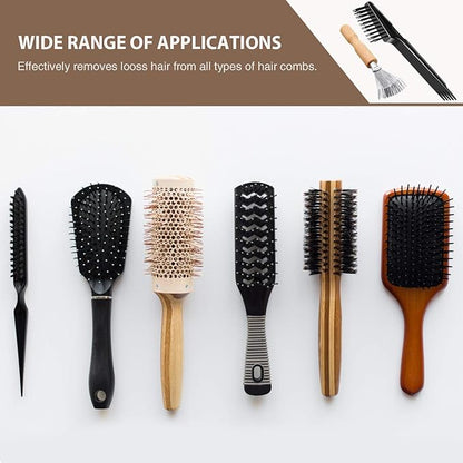 2 Pieces Hair Brush Cleaning Tools - Mini Comb Cleaner Rake with Wooden Handle for Removing Hair Dust at Home and Salon (Black)