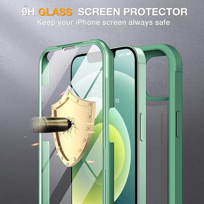 Miracase Glass Series for iPhone 12/12 Pro - Full-Body Rugged Protective Case with Built-in 9H Tempered Glass Screen Protector and Camera Lens Protector - Green
