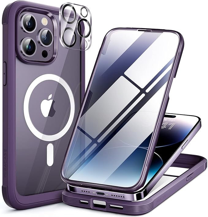 Miracase Magnetic for iPhone 14 Pro Case, [Compatible with MagSafe] [Built-in Tempered Glass Screen Protector] Full-Body Rugged Protective Case with Camera Lens Protector, Magnetic Dark Purple