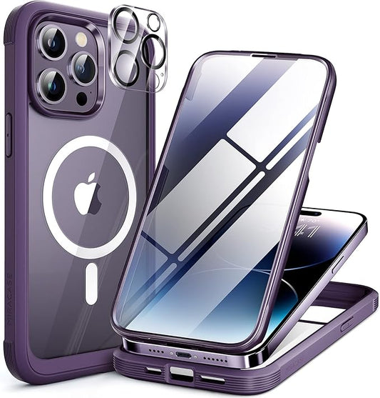 Miracase Magnetic for iPhone 14 Pro Case, [Compatible with MagSafe] [Built-in Tempered Glass Screen Protector] Full-Body Rugged Protective Case with Camera Lens Protector, Magnetic Dark Purple