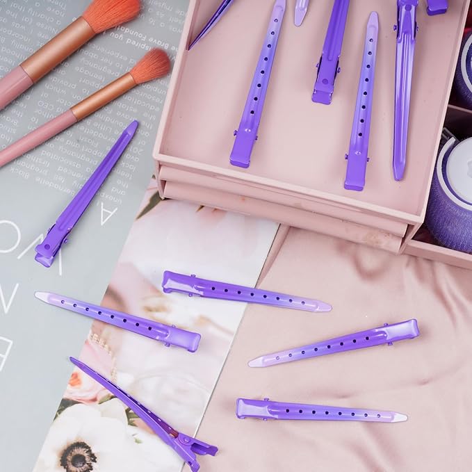 24 Packs Duck Bill Clips, Bantoye 3.35 Inches Rustproof Metal Alligator Curl Clips with Holes for Hair Styling, Hair Coloring, GS Purple