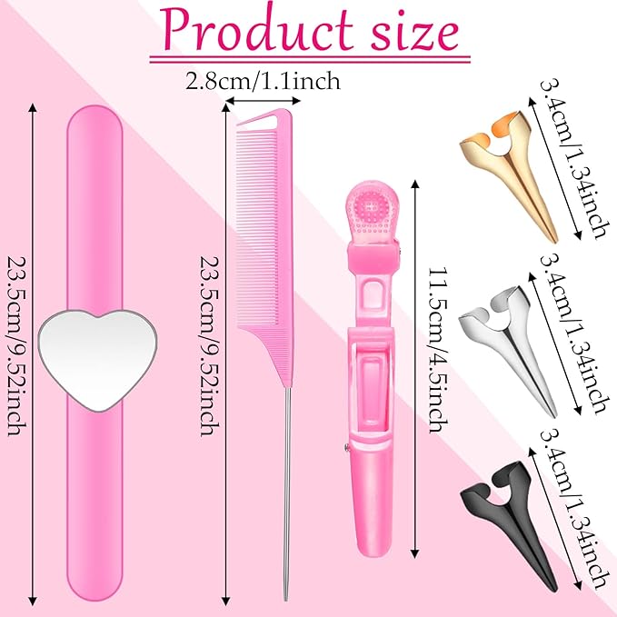 22 Pieces Magnetic Wrist Sewing Pincushion with Hair Braiding Tools - Stainless Steel Pintail Rat Tail Comb, Wide Teeth Alligator Sectioning Clip, Hair Parting Ring Tool, and Pin Wristband (Pink)
