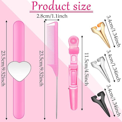 22 Pieces Magnetic Wrist Sewing Pincushion with Hair Braiding Tools - Stainless Steel Pintail Rat Tail Comb, Wide Teeth Alligator Sectioning Clip, Hair Parting Ring Tool, and Pin Wristband (Pink)