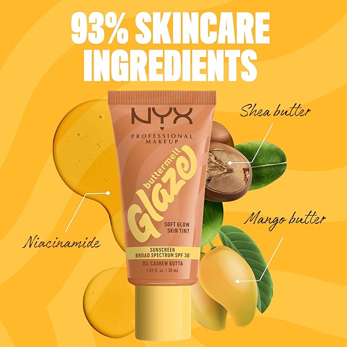 NYX PROFESSIONAL MAKEUP Buttermelt Glaze Soft Glow Skin Tint + SPF 30, Up To 12HR Wear, 03 Cashew Butta