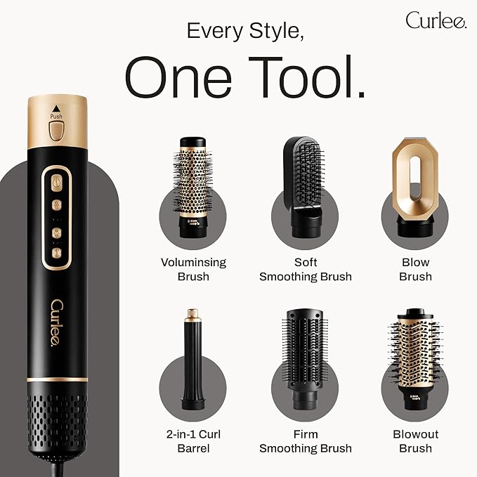 Hair Dryer Brush 1200 Watts 6 in 1 Hair Accessories Blow Dryer Automatic Curling Iron with Storage Box in Black for Curl Enhancing Hair Smoothing Volumizing Styling - by Curlee