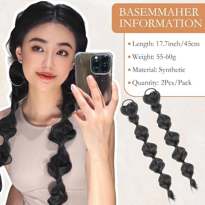 2 Pcs Bubble Ponytail Wig Synthetic Braided Hair Extensions with Hair Ties, Wrap Around Pony Tail Hairpieces for Women & Girls (Black)