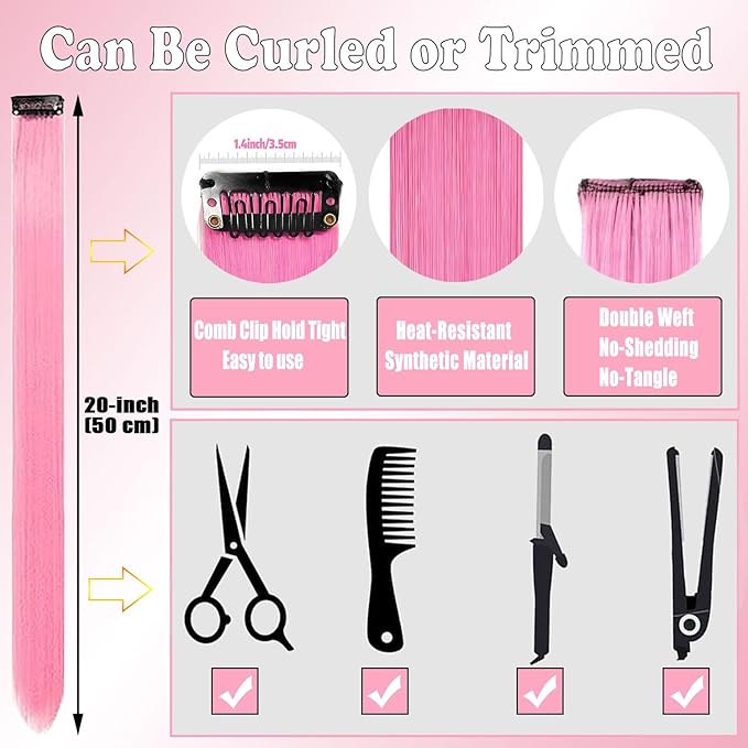 12 PCS Pink Hair Extensions Clip in, 20 Inch Colored Hair Extensions Party Highlights Long Straight Synthetic Hairpieces for Women Kids Girls Cosplay