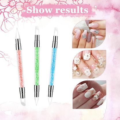 3 Pcs Nail Art Sculpture Pen, Dual Tipped Silicone Nail Tools, Silicone Head Acrylic Handle Nail Art Brushes for Design Nail Foil Carving Drawing Effect Shaping Drawing (Blue, Green, Orange)