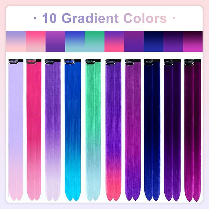 20 PCS Colored Hair Extensions, Colorful Party Highlights Clip in Long Straight Synthetic Hair Extensions, Ombre Color Hair Hairpieces for Girl Women Kids Cosplay Party Gift 22 inch