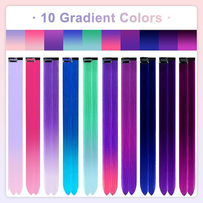 20 PCS Colored Hair Extensions, Colorful Party Highlights Clip in Long Straight Synthetic Hair Extensions, Ombre Color Hair Hairpieces for Girl Women Kids Cosplay Party Gift 22 inch