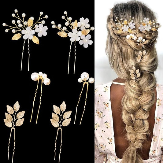 6PCS Gold Leaf Wedding Hair Pins Pearl Hair Jewelry Accessories Flower Headpiece Crystal Vintage Elegance Wedding Hair Styling Pins for Women Brides Bridesmaids and Flower Girls