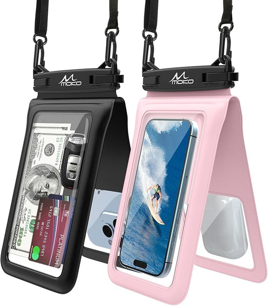 MoKo Double Case Waterproof Phone Pouch, 2Pack Waterproof Phone Case Dry Bag with Adjustable Lanyard Compatible with iPhone 15 14 Pro Max Galaxy S23 Ultra/Note 20 Ultra Up to 7 Inches, Black+Pink