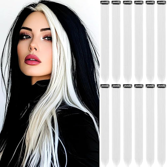 12 PCS White Hair Extensions Clip in, Colored Party Highlights Extension for Kids Girls Synthetic Hairpiece Straight 22 inch