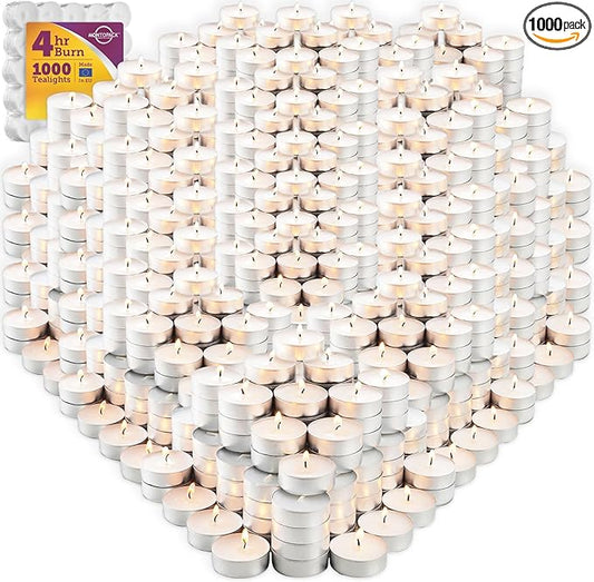 MontoPack Unscented Tea Light Candles Bulk 1000 Pack | 4 Hours, White,Smokeless,Dripless Small Votive Paraffin Tealights | Long-Lasting for Home, Shabbat, Weddings, Events, Emergencies | Mini Candles