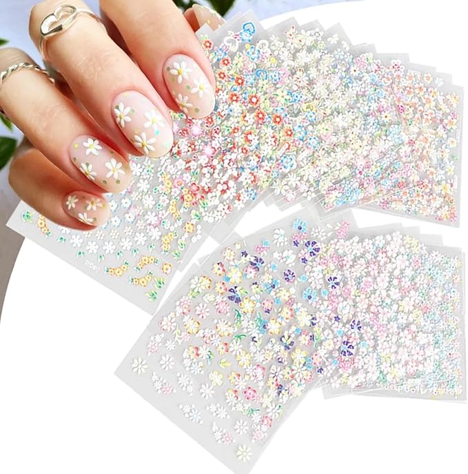 30Sheets Flower Nail Art Sticker 3D Self-Adhesive Nail Art Supplies Colorful Flowers Rose Daisy Cherry Blossoms Nail Decals Pink Floral Nail Design Cute Heart Nail Sticker for Acrylic Nails Decoration