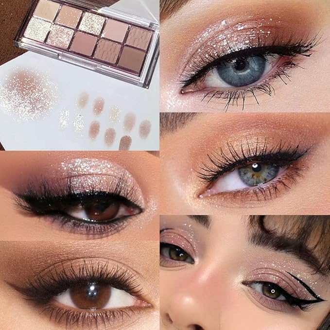 10Colors Light Brown Nude Silver Eyeshadow Palette Makeup,Natural Neutral Highly Pigmented Eye Shadow,Naturing-Looking Long Lasting Waterproof Blendable Hypoallergenic Suitable for Beginners