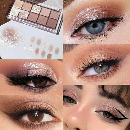 10Colors Light Brown Nude Silver Eyeshadow Palette Makeup,Natural Neutral Highly Pigmented Eye Shadow,Naturing-Looking Long Lasting Waterproof Blendable Hypoallergenic Suitable for Beginners