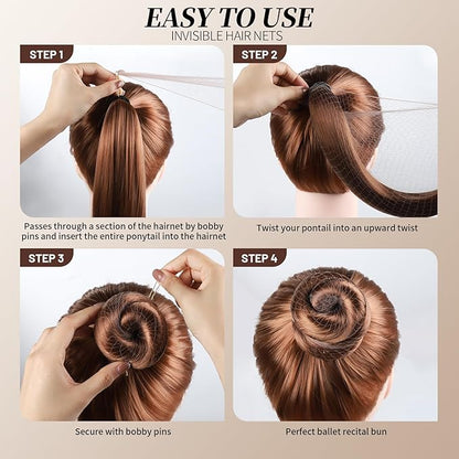Teenitor Hair Bun Maker Kit and Hair Net, 4 Pcs Medium Hair Donuts For Buns, 10 Pcs Mesh Hair Nets Invisible, 10 Pcs U Shaped Hair Pins for Women, Tan Brown