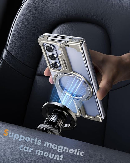 OATSBASF for Samsung Galaxy Z Fold 5 Bumper Case, with Kickstand 360° Rotatable Magnetic Stand Case, Minimalist Phone Case for Galaxy Z Fold 5, Frameless Metal Case, Natural Titanium