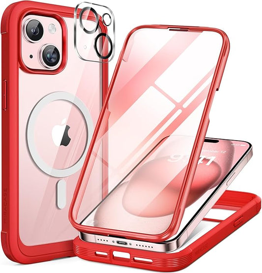 Miracase Glass Series for iPhone 15 Case [Compatible with MagSafe] Full-Body Magnetic Bumper Case with Built-in 9H Tempered Glass Anti-Fingerprint Screen Protector + Camera Lens Protector, Red