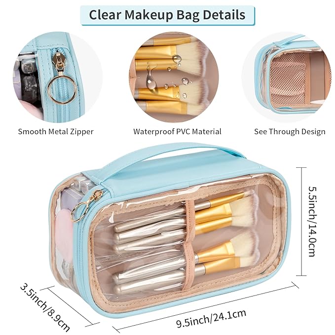 OCHEAL Clear Makeup Bag, Portable Makeup Storage Organizer Cosmetic Bag, Travel Makeup Bag Cute Pouch Women Girls Cosmetics Bags with Divider Makeup Brush Compartment-Lake Blue Clear