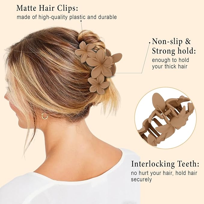 ANBALA 4PCS Hawaiian Plumeria Flower Hair Clips - Large Non-Slip Matte Claw Clips for Women, Strong Hold Beach Hair Accessories